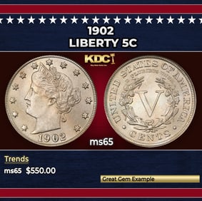 1902 Liberty Nickel 5c Grades ms65