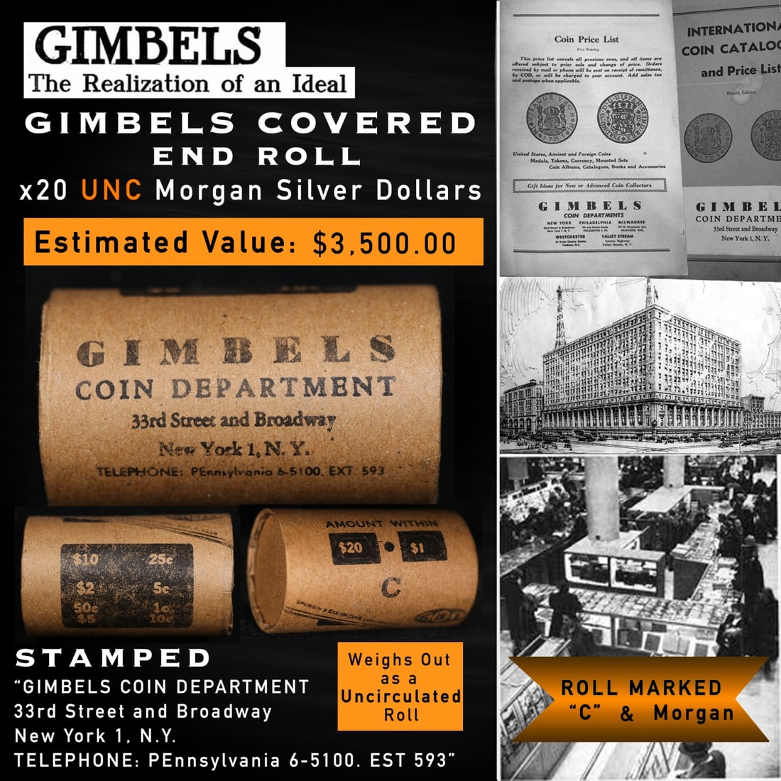 20 GIMBLES Silver Dollar Roll Morgan UNC C: 20 GIMBLES Silver Dollar Roll Morgan UNC C. Up For Auction is a 150- 20 GIMBLES Silver Dollar Roll Morgan UNC C Roll Weighing 537.3 g Based On this weight this is a UNC Roll We are very excited to pre