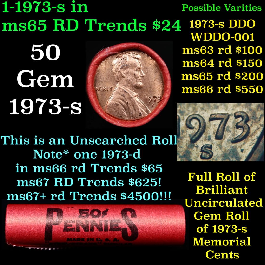 BU Shotgun Lincoln 1c roll, 1973-s 50 pcs Bank Wrapper 50c: BU Shotgun Lincoln 1c roll, 1973-s 50 pcs Bank Wrapper 50c. A terrific Shotgun roll of Lincoln cents in a Bank wrapper. Most if not all coins should be cherry red.