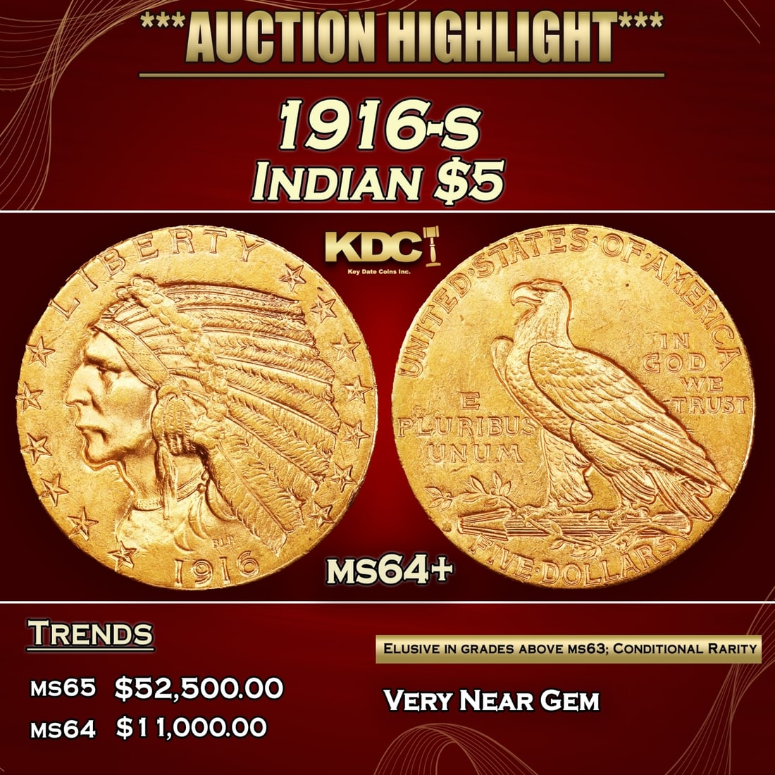 1916-s Gold Indian Half Eagle 5 ms64+ USCG (1 of 4)