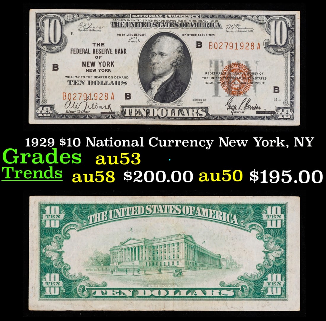 1929 $10 National Currency New York, NY Grades Select AU (1 of 3)