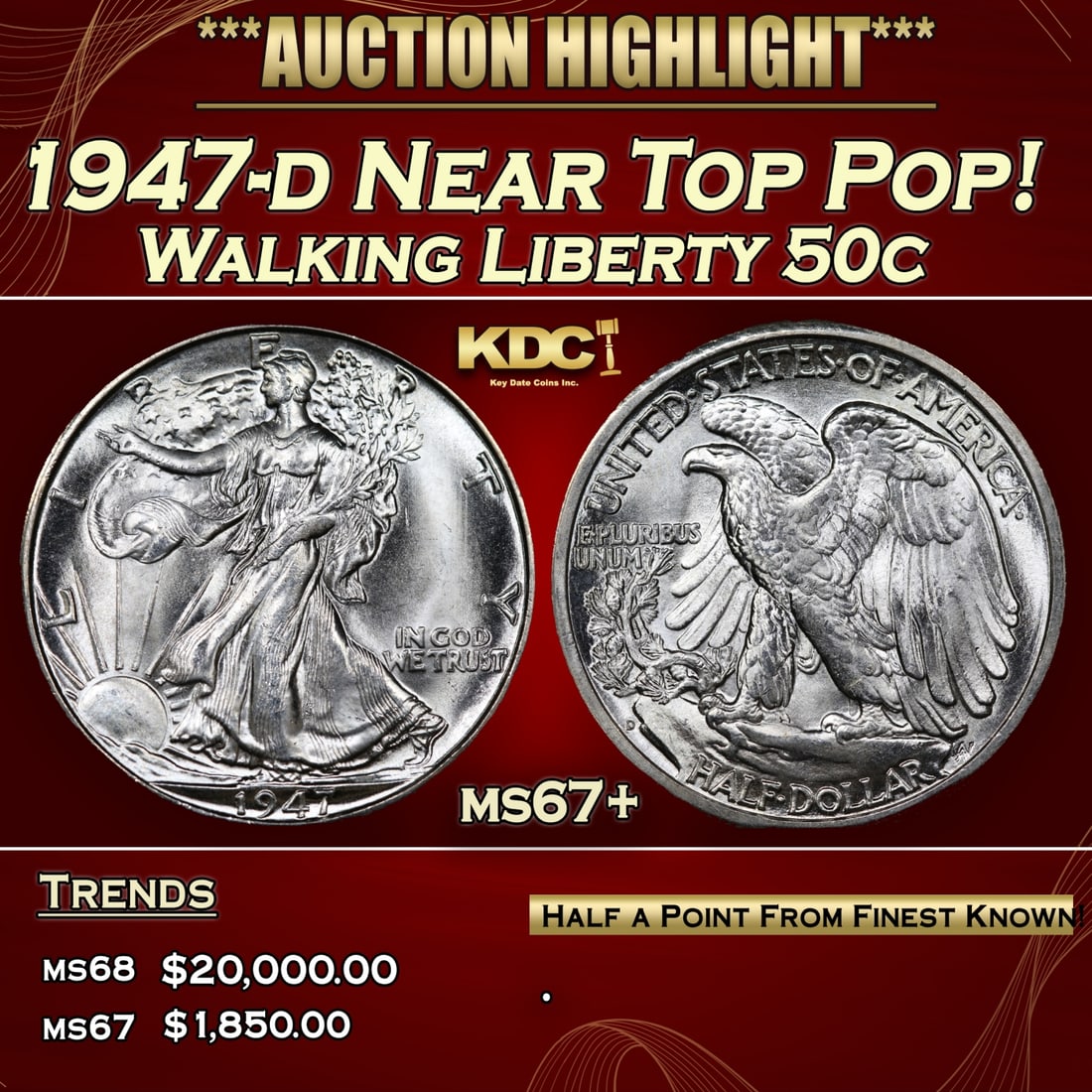 1947-d Walking Liberty Half Dollar Near Top Pop! 50c ms67+ SEGS (1 of 5)