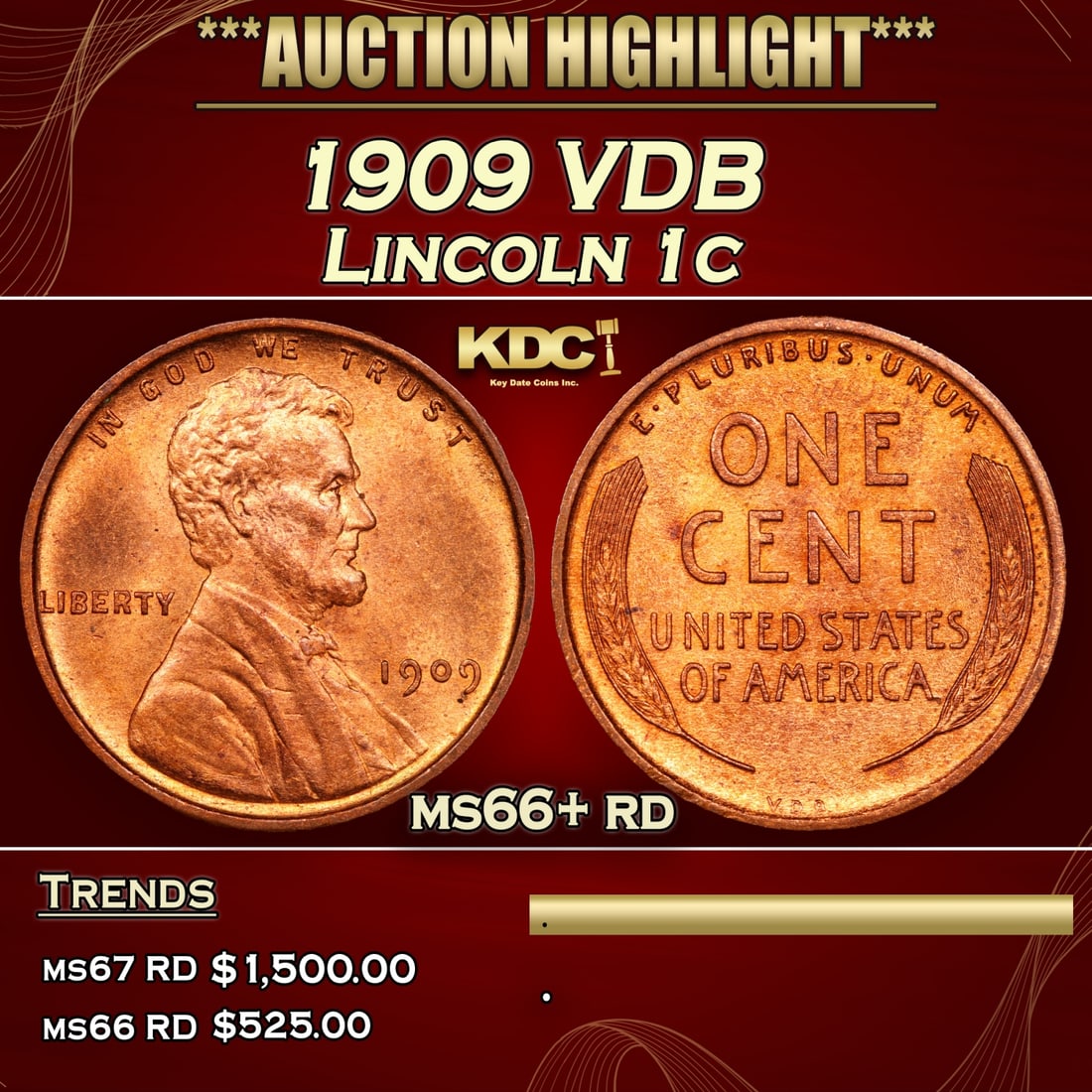 1909 VDB Lincoln Cent 1c ms66+ rd SEGS (1 of 5)
