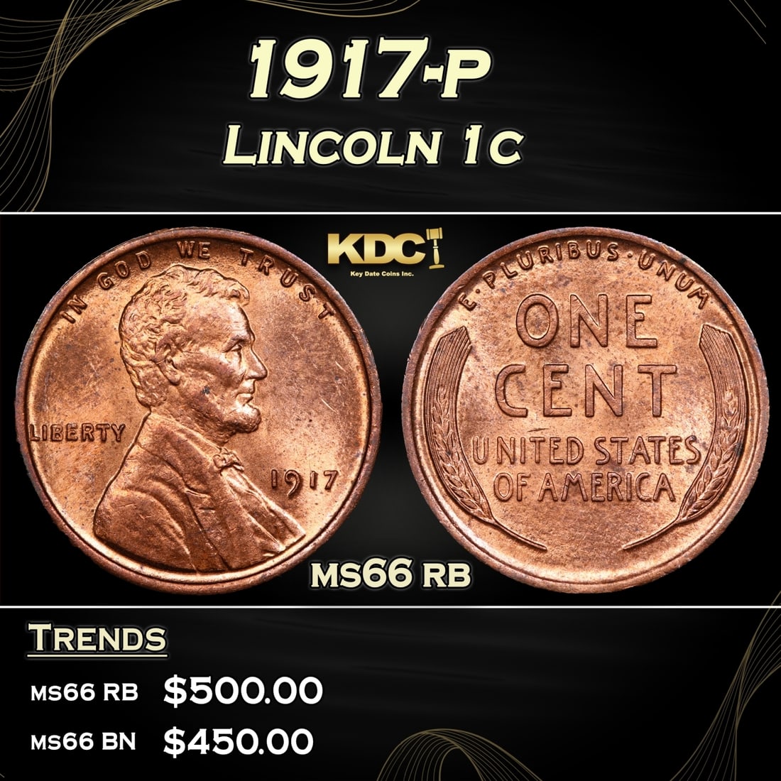 1917-p Lincoln Cent 1c Grades ms66 rb (1 of 3)