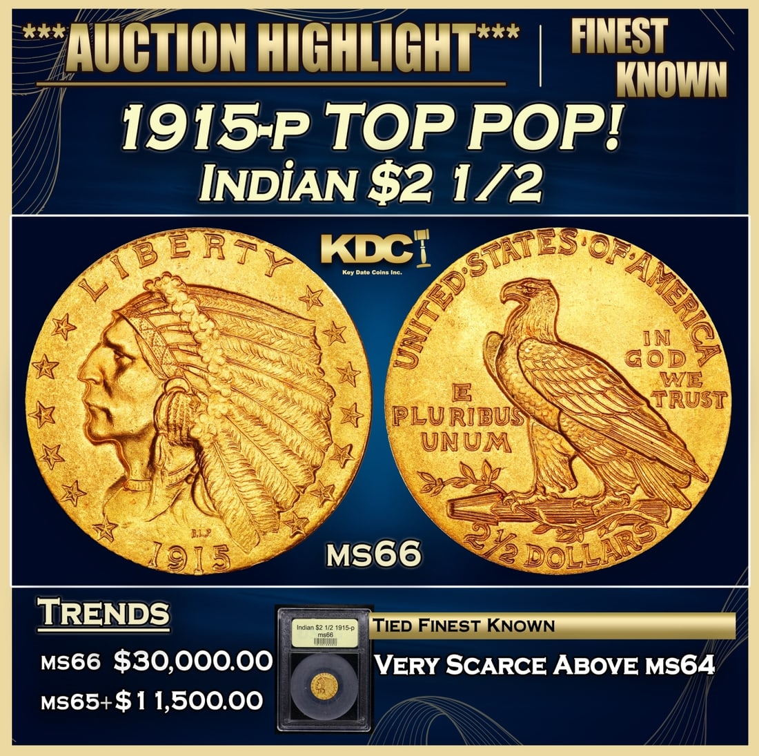 1915-p Gold Indian Quarter Eagle TOP POP! $2 1/2 ms66 USCG (1 of 5)
