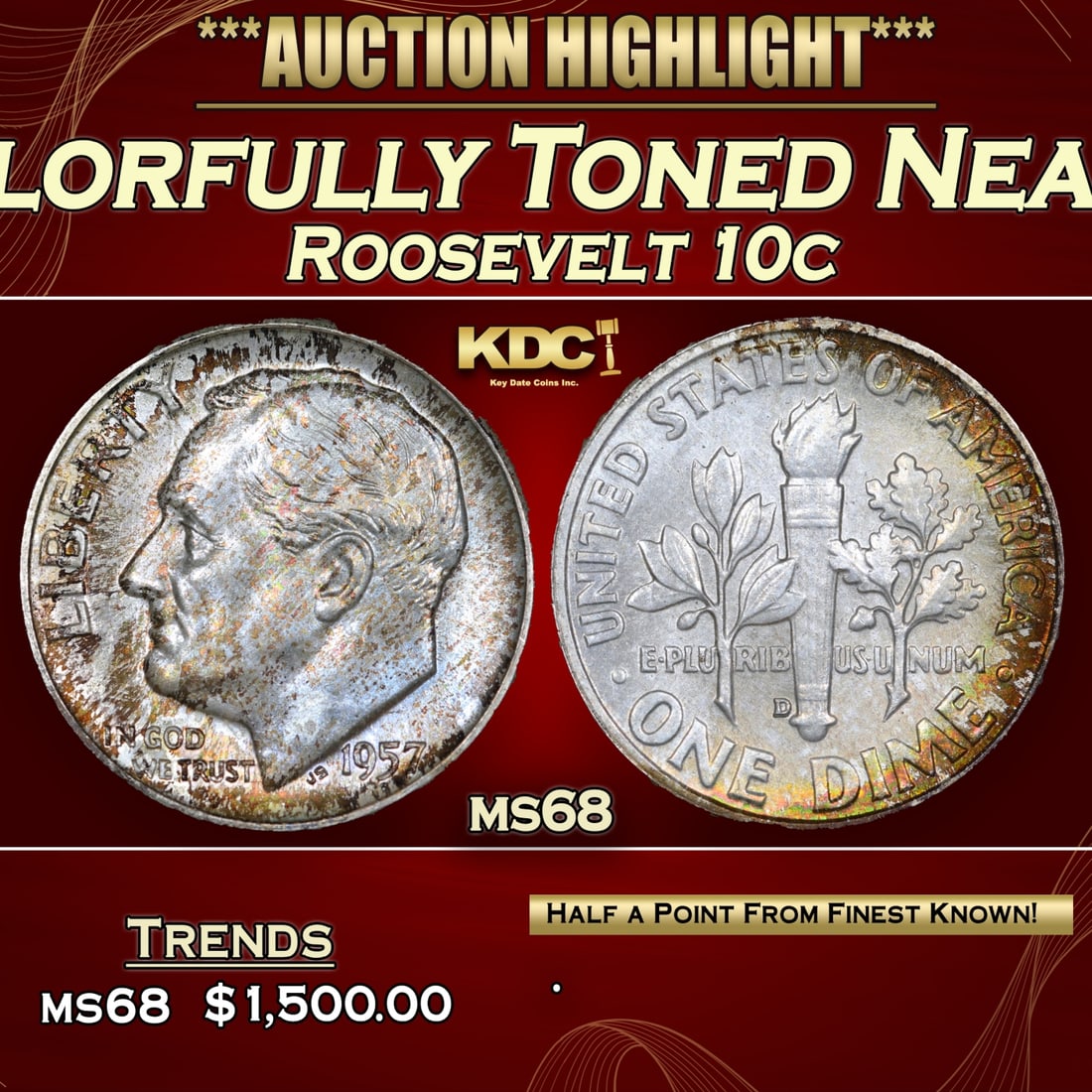 1957-d Roosevelt Dime Colorfully Toned Near Top Pop! 10c ms68 SEGS (1 of 5)