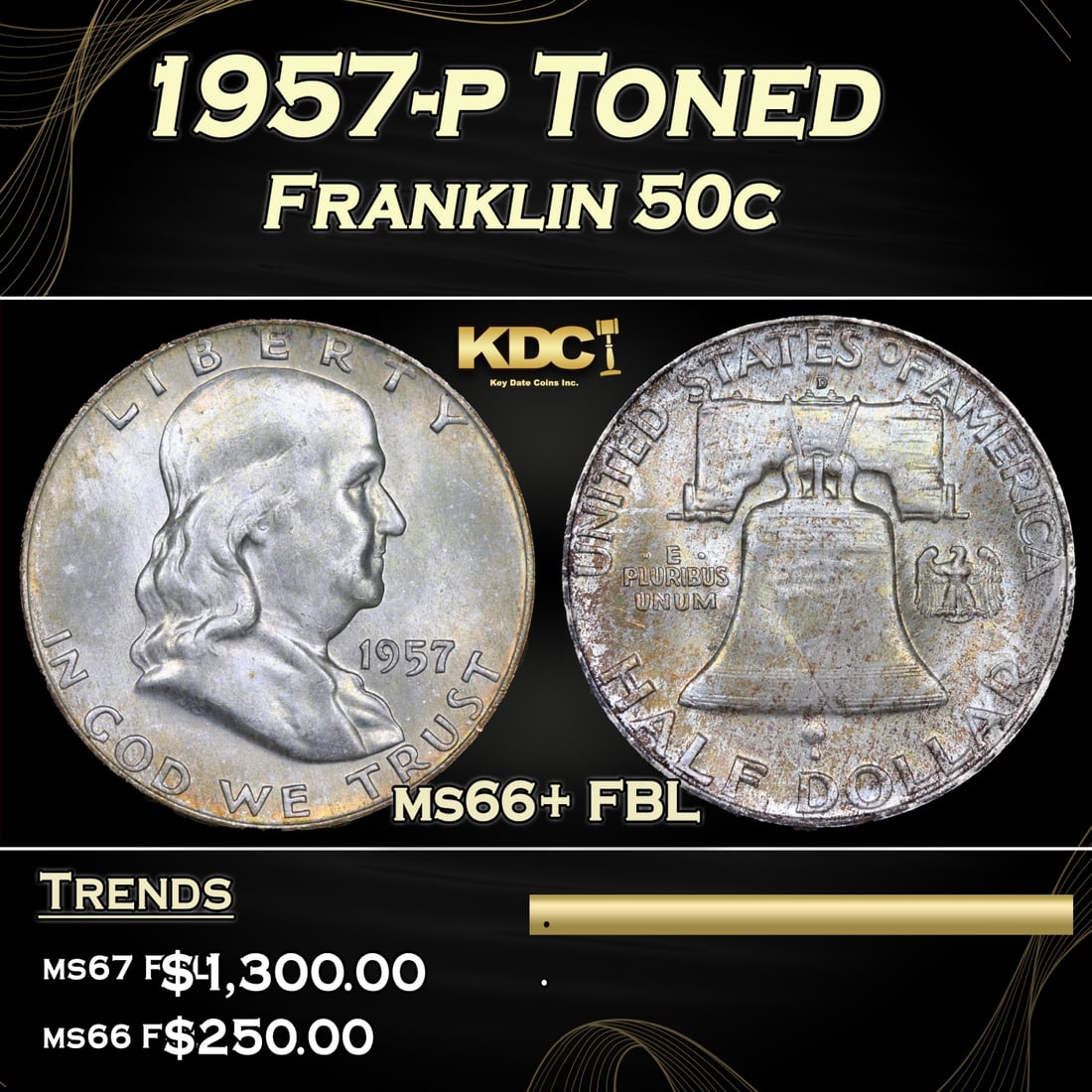 1957-p Franklin Half Dollar Toned 50c ms66+ FBL SEGS: 1957-p Toned Franklin Half Dollar 50c ms66+ FBL SEGS.