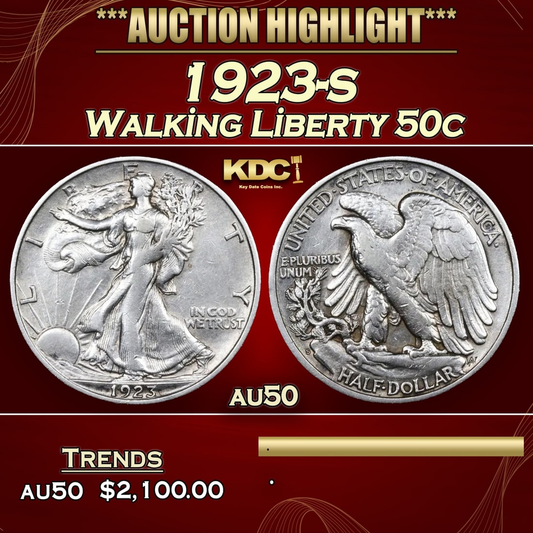 1923-s Walking Liberty Half Dollar 50c au50 USCG (1 of 5)