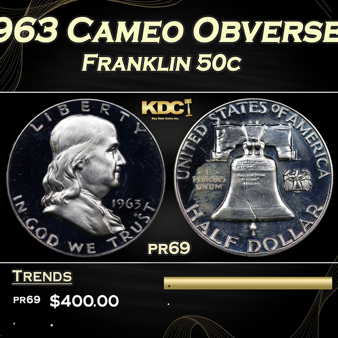 1963 Proof Franklin Half Dollar Cameo Obverse 50c pr69 SEGS: 1963 Cameo Obverse Franklin Half Dollar 50c pr69 SEGS.