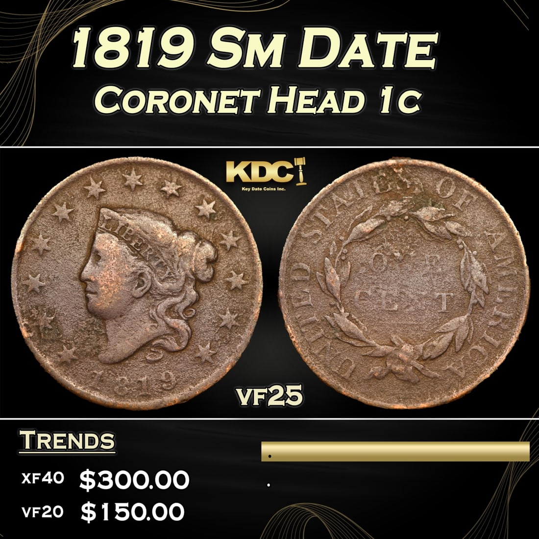 1819 Sm Date Coronet Head Large Cent 1c Grades vf25 (1 of 3)