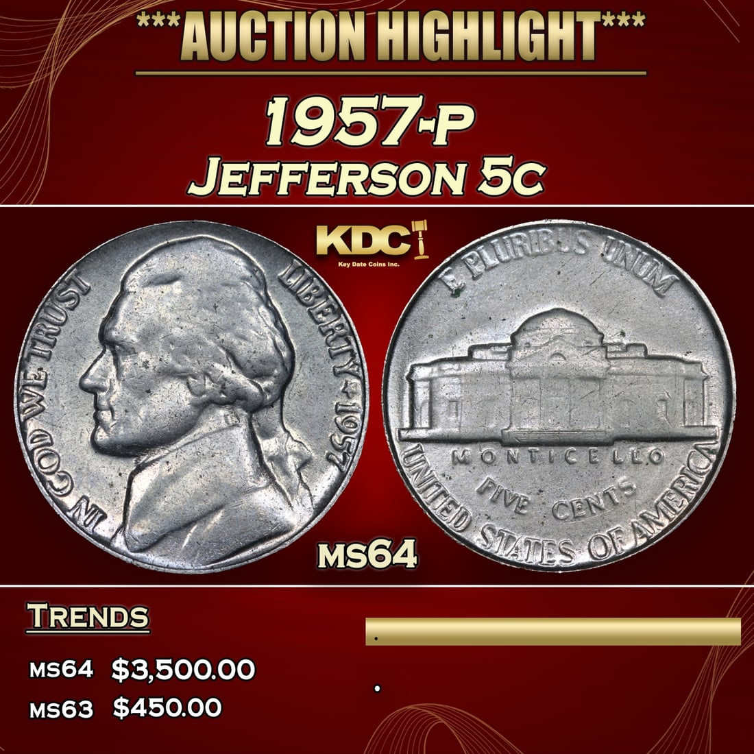 1957-p Jefferson Nickel 5c Grades ms64 (1 of 3)