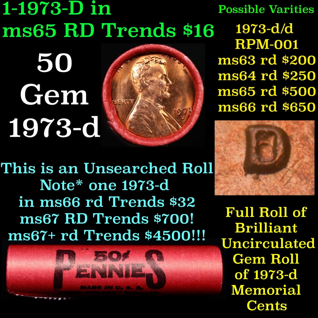 BU Shotgun Lincoln 1c roll, 1973-d 50 pcs Bank Wrapper 50c: BU Shotgun Lincoln 1c roll, 1973-d 50 pcs Bank Wrapper 50c. A terrific Shotgun roll of Lincoln cents in a Bank wrapper. Most if not all coins should be cherry red.