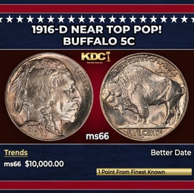 1916-d Buffalo Nickel Near Top Pop! 5c ms66 SEGS