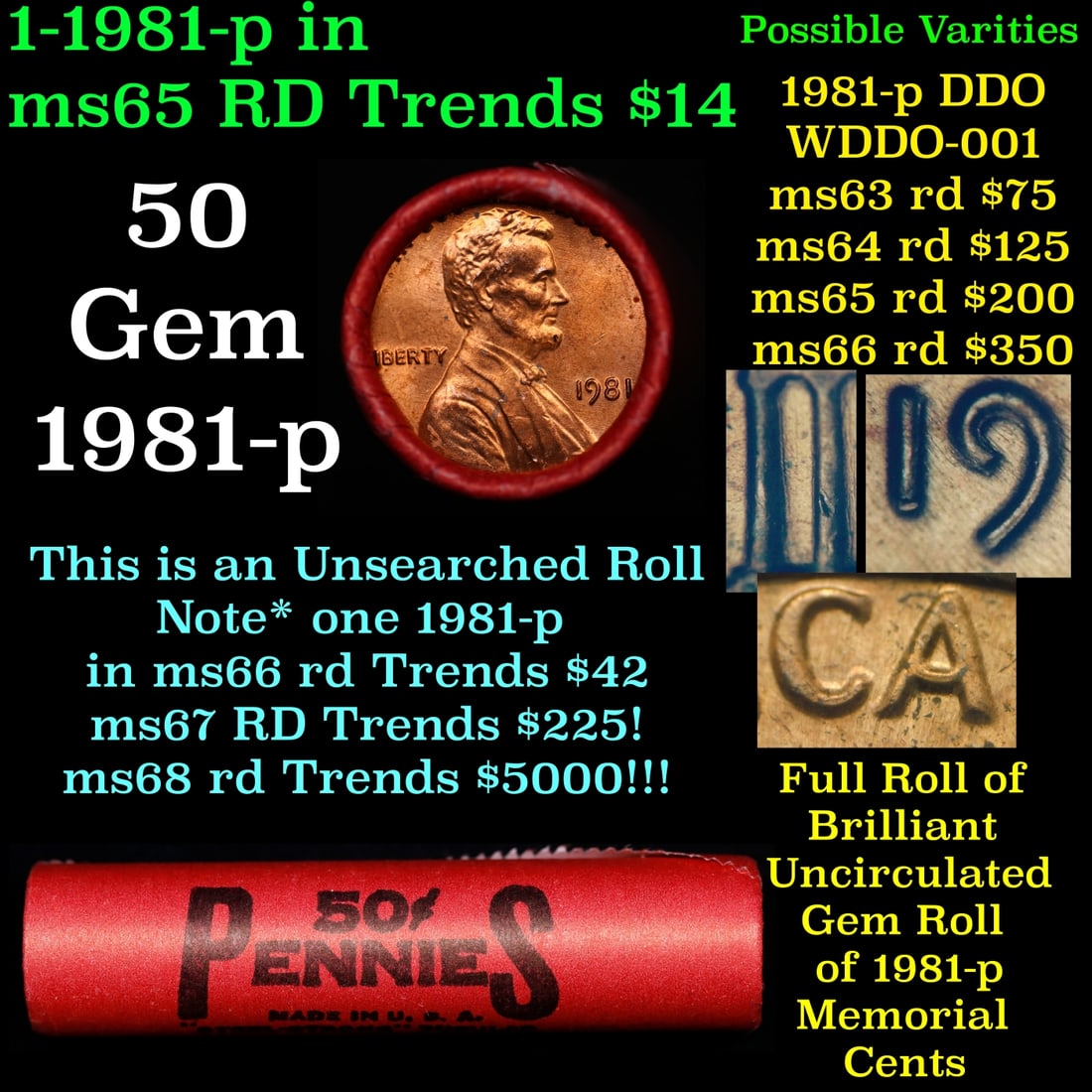 BU Shotgun Lincoln 1c roll, 1981-p 50 pcs Bank Wrapper 50c: BU Shotgun Lincoln 1c roll, 1981-p 50 pcs Bank Wrapper 50c. A terrific Shotgun roll of Lincoln cents in a Bank wrapper. Most if not all coins should be cherry red.
