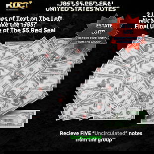 5x 1963 $5 Red Seal United States Note Grades CU: 5x 1963 $5 Red Seal United States Note Grades CU. Each 1963 five dollar red seal bill has serial number written in red ink. There is a red seal on the right hand side of the bill. All 1963