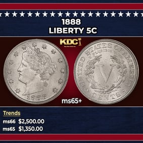 1888 Liberty Nickel 5c ms65+ SEGS