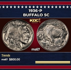 1936-p Buffalo Nickel 5c ms67 SEGS