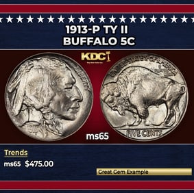 1913-p Ty II Buffalo Nickel 5c Grades ms65