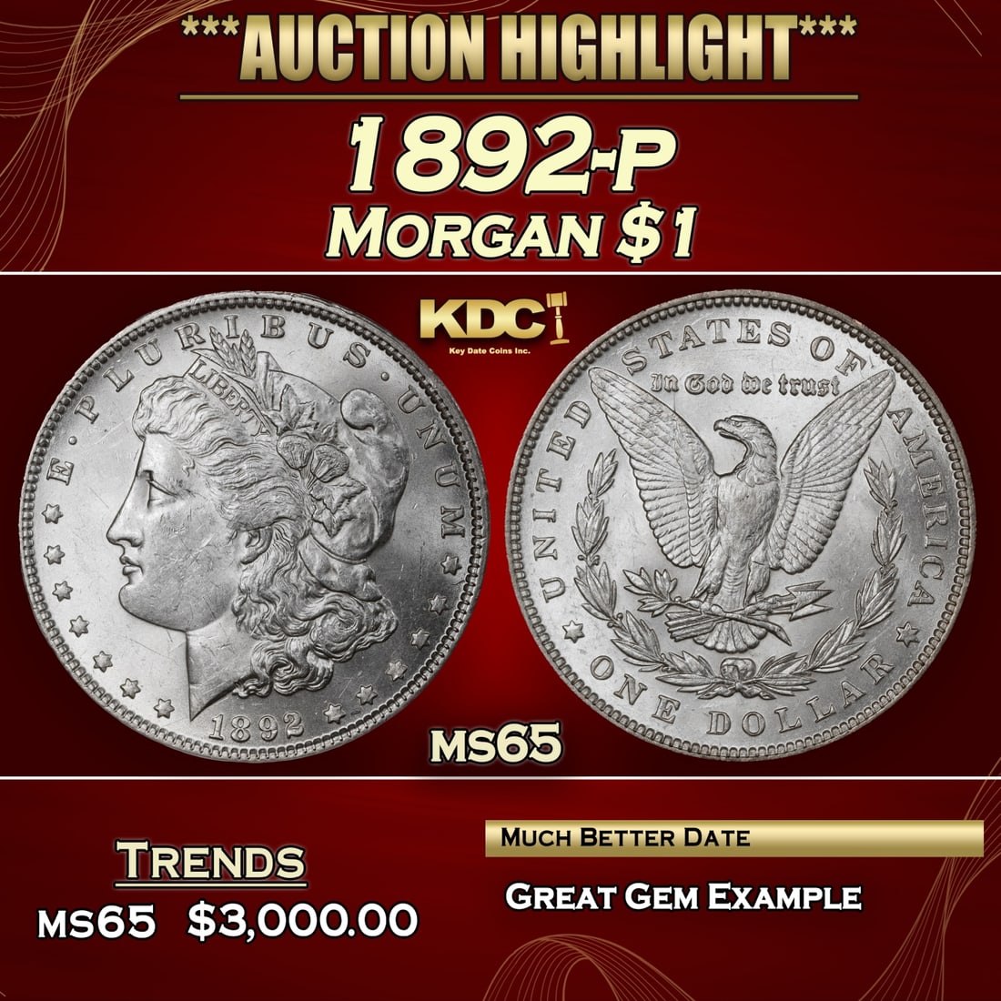 1892-p Morgan Dollar $1 ms65 SEGS (1 of 3)