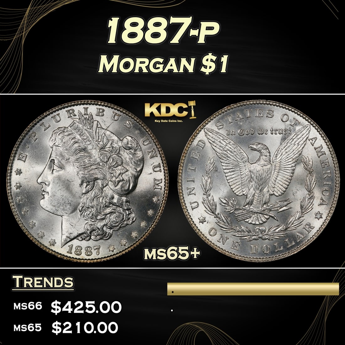 1887-p Morgan Dollar $1 Grades ms65+ (1 of 3)