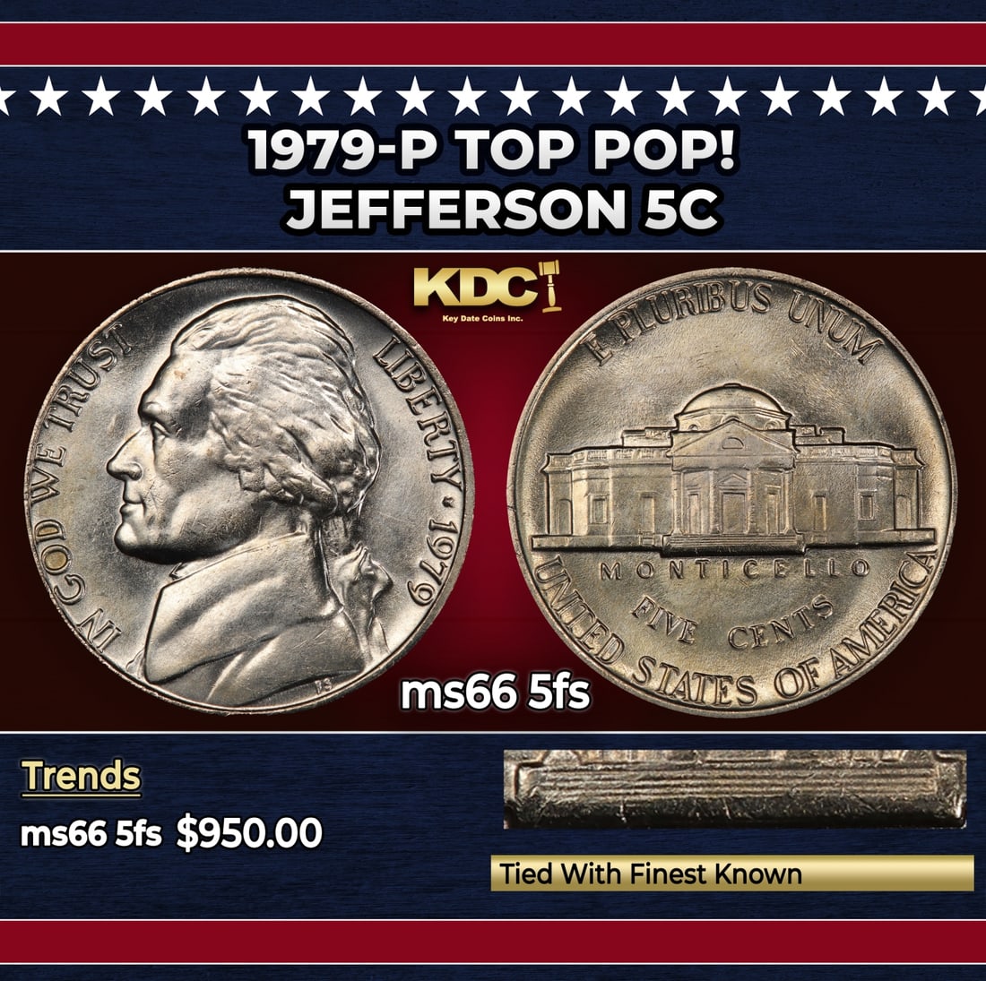 1979-p Jefferson Nickel TOP POP! 5c ms66 5fs SEGS: 1979-p TOP POP! Jefferson Nickel 5c ms66 5fs SEGS.