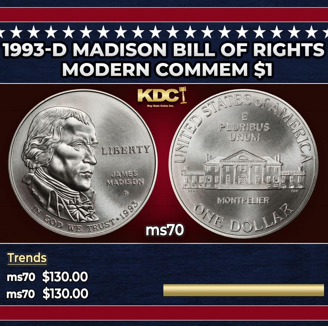 1993-d Madison Modern Commem Dollar Bill Of Rights $1 ms70 SEGS: 1993-d Madison Bill Of Rights Modern Commem Dollar $1 ms70 SEGS.