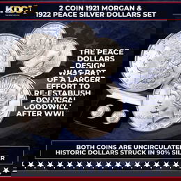 1921 Morgan & 1922 Peace Silver Dollars Set UNC