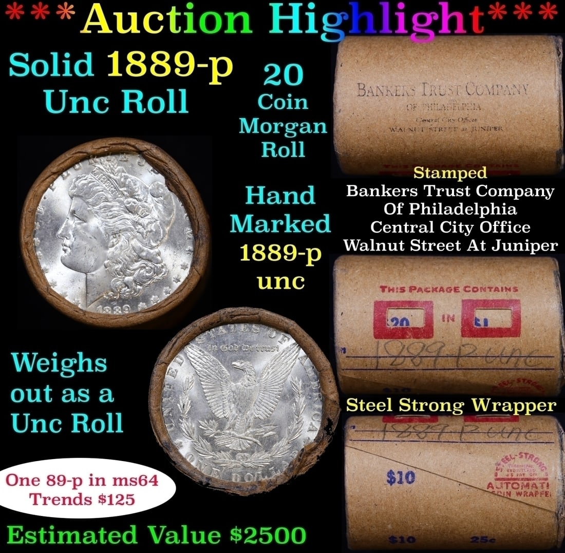 Full solid date 1889-p Uncirculated Morgan silver dollar roll, 20 coins (1 of 6)