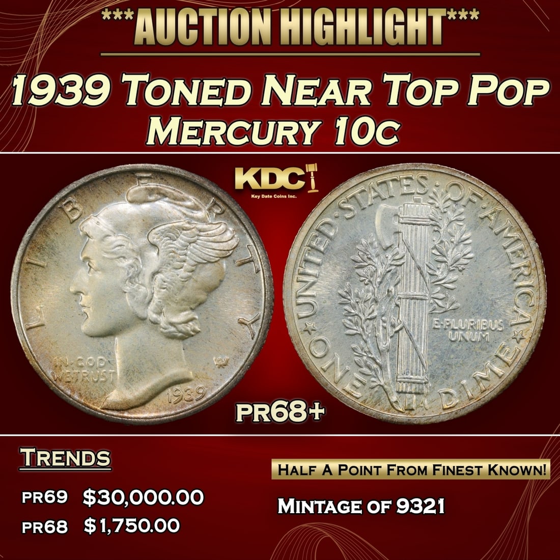1939 Proof Mercury Dime Toned Near Top Pop 10c pr68+ SEGS (1 of 3)