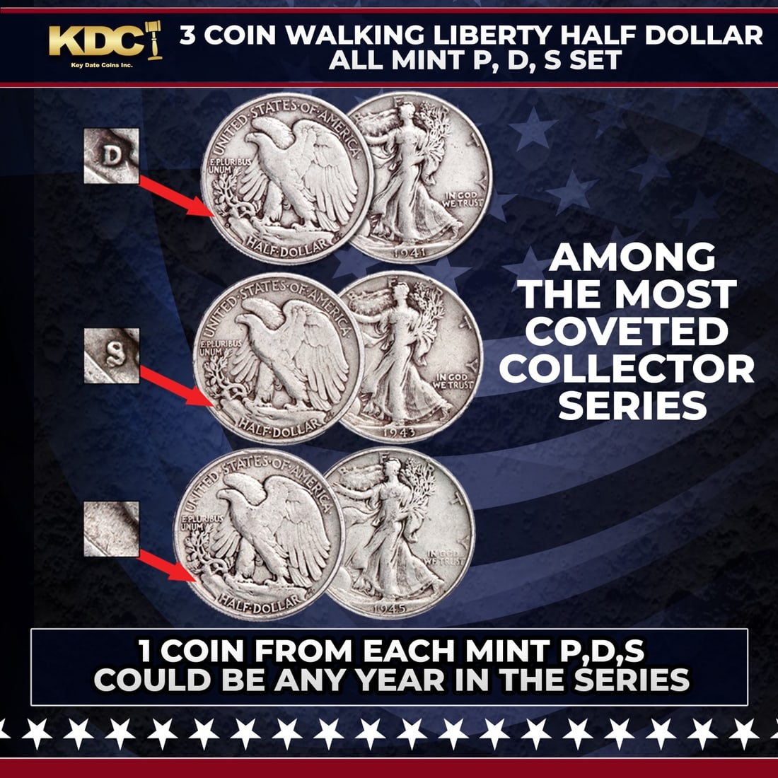 3 Coin Walking Liberty Half Dollar 50c All Mint P,D,S Set Random Year (1 of 1)