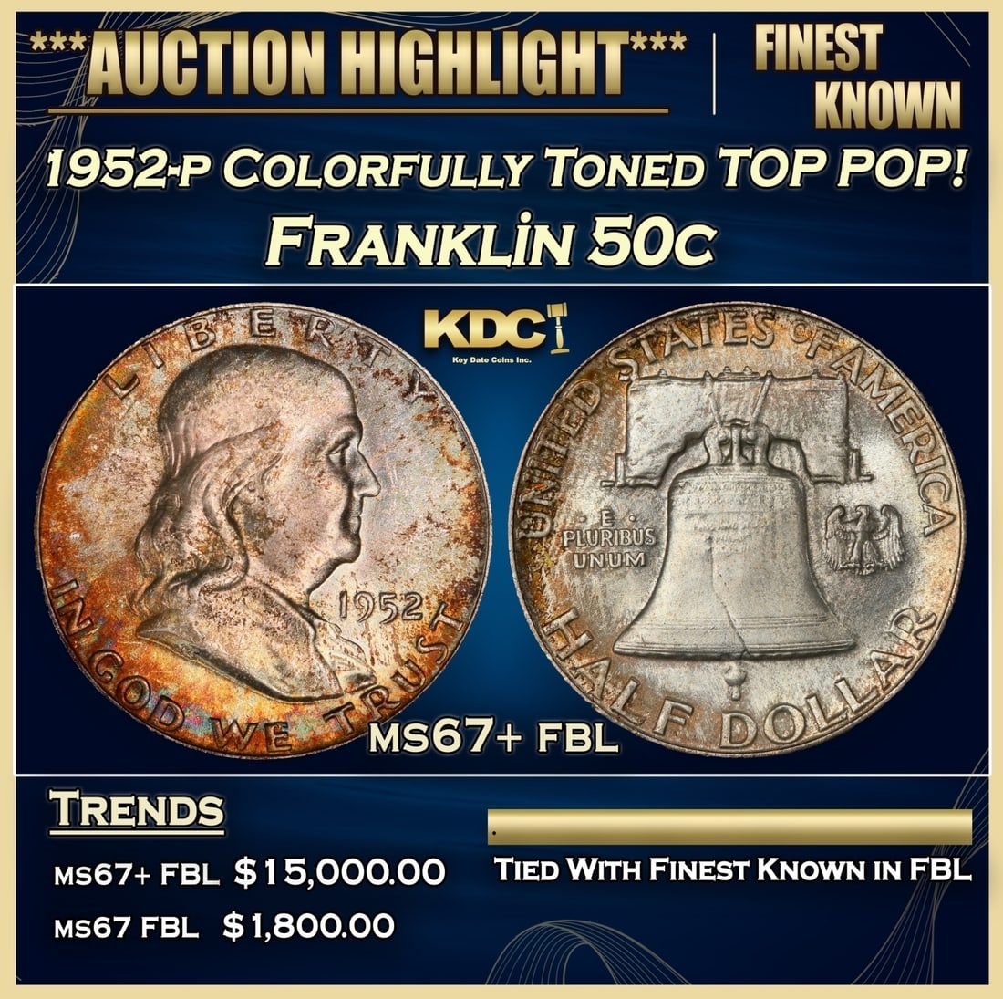 1952-p Franklin Half Dollar Colorfully Toned TOP POP! 50c ms67+ fbl SEGS (1 of 3)