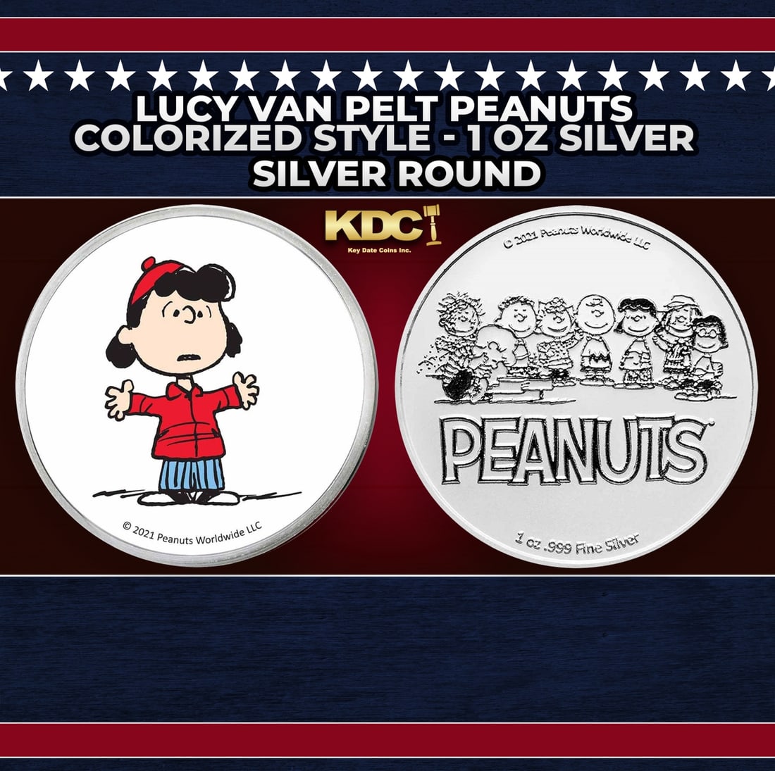 Lucy Van Pelt Peanuts Colorized Style - 1 oz Silver Round Round: Lucy Van Pelt Peanuts Colorized Style - 1 oz Silver Round. Now you can collect all of the classic Peanuts characters on these officially licensed colorized silver rounds! Contains 1oz of .999 Fine Sil