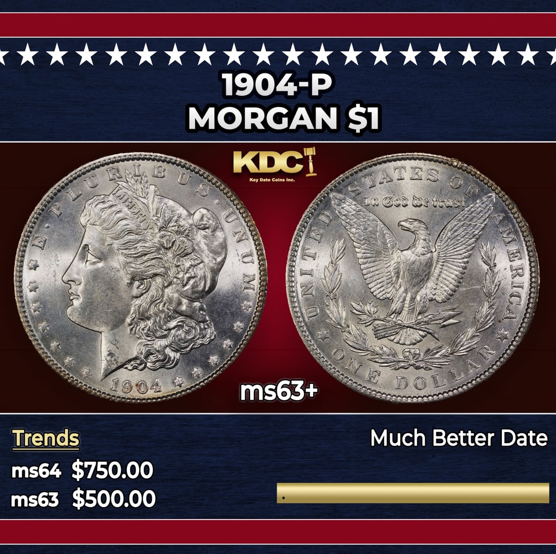 1904-p Morgan Dollar $1 Grades ms63+ (1 of 3)