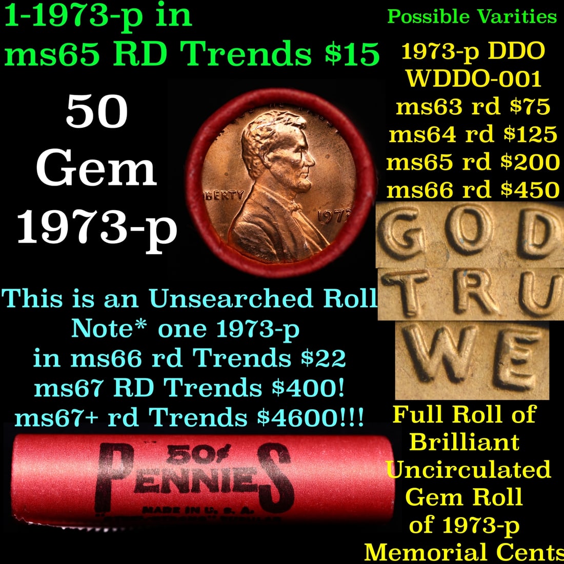 BU Shotgun Lincoln 1c roll, 1973-p 50 pcs Bank Wrapper 50c: BU Shotgun Lincoln 1c roll, 1973-p 50 pcs Bank Wrapper 50c. A terrific Shotgun roll of Lincoln cents in a Bank wrapper. Most if not all coins should be cherry red.