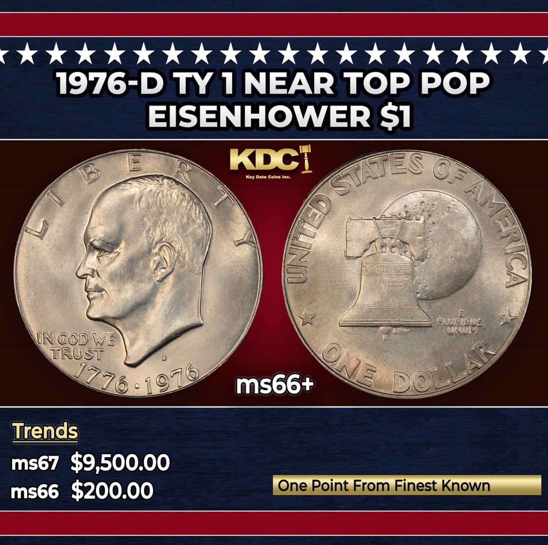 1976-d Ty 1 Eisenhower Dollar Near Top Pop $1 ms66+ SEGS: 1976-d Ty 1 Near Top Pop Eisenhower Dollar $1 ms66+ SEGS.