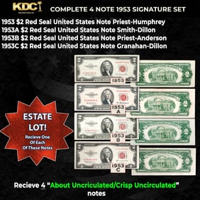 Complete 1953 $2 Red Seal United States Note Signature Set 1953, 1953a, 1953b. 1953c 4 Notes Grades