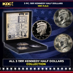 Complete 3 PC. 1991 Kennedy Half Dollar 50c set In Custom Box W/ Special Backer Card BU & Proof