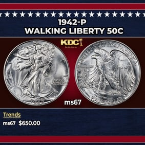 1942-p Walking Liberty Half Dollar 50c ms67 SEGS