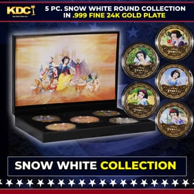 5 Coin Disney Snow White Gold Plated Round Collection In Custom Box W/ Special Backer card