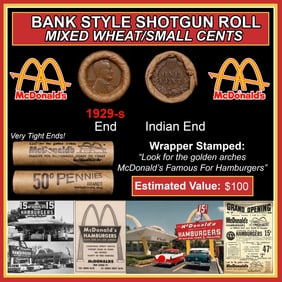 Lincoln Wheat Cent 1c Mixed Roll Orig Brandt McDonalds Wrapper, 1929-s end, Indian other end