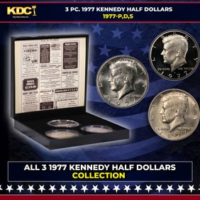 Complete 3 PC. 1977 Kennedy Half Dollar 50c set In Custom Box W/ Special Backer Card BU & Proof