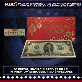 Pack of 10 Consecutive Lucky Money Chinese New Year $2 Bills - All Double 88 Serial #s! Other Toy
