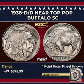 1938-d/d Buffalo Nickel Near Top Pop 5c ms67 SEGS