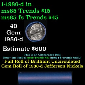 BU Shotgun Jefferson 5c roll, 1986-d 40 pcs Bank $2 Nickel Wrapper