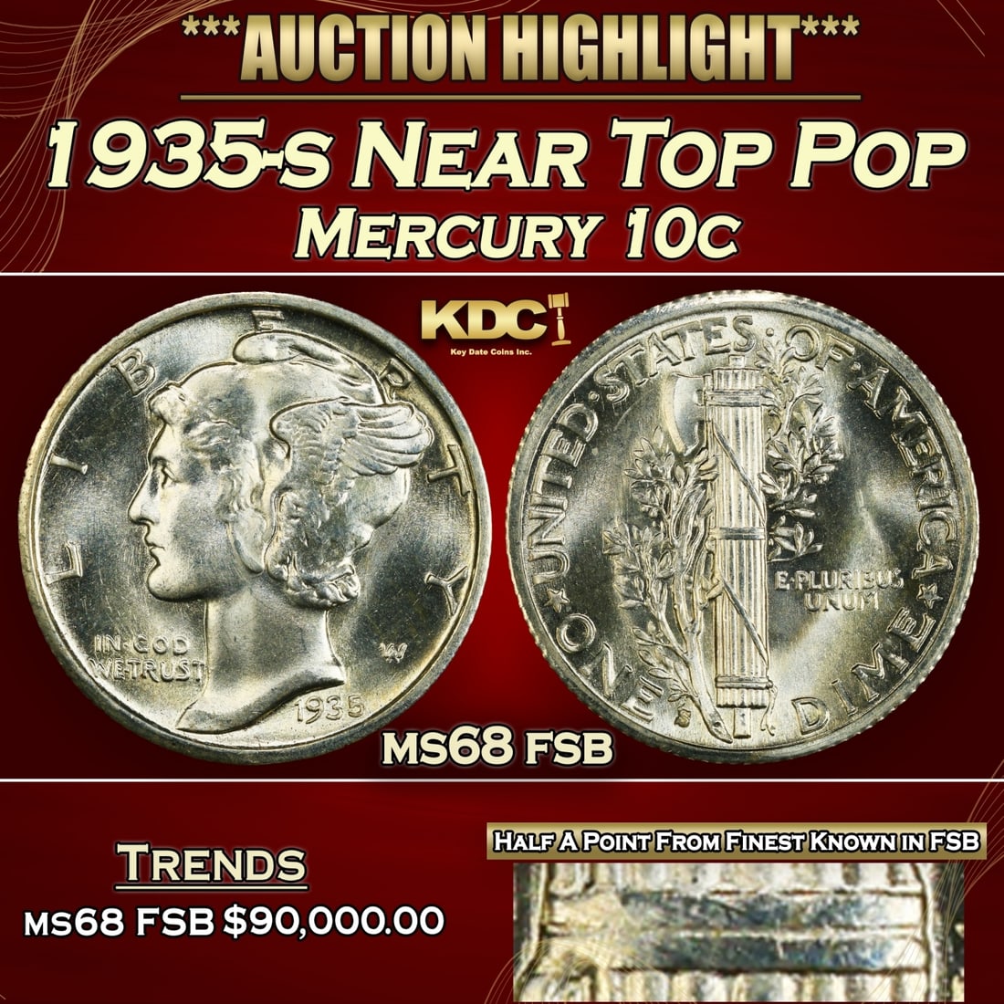 1935-s Mercury Dime Near Top Pop 10c ms68 fsb SEGS (1 of 4)