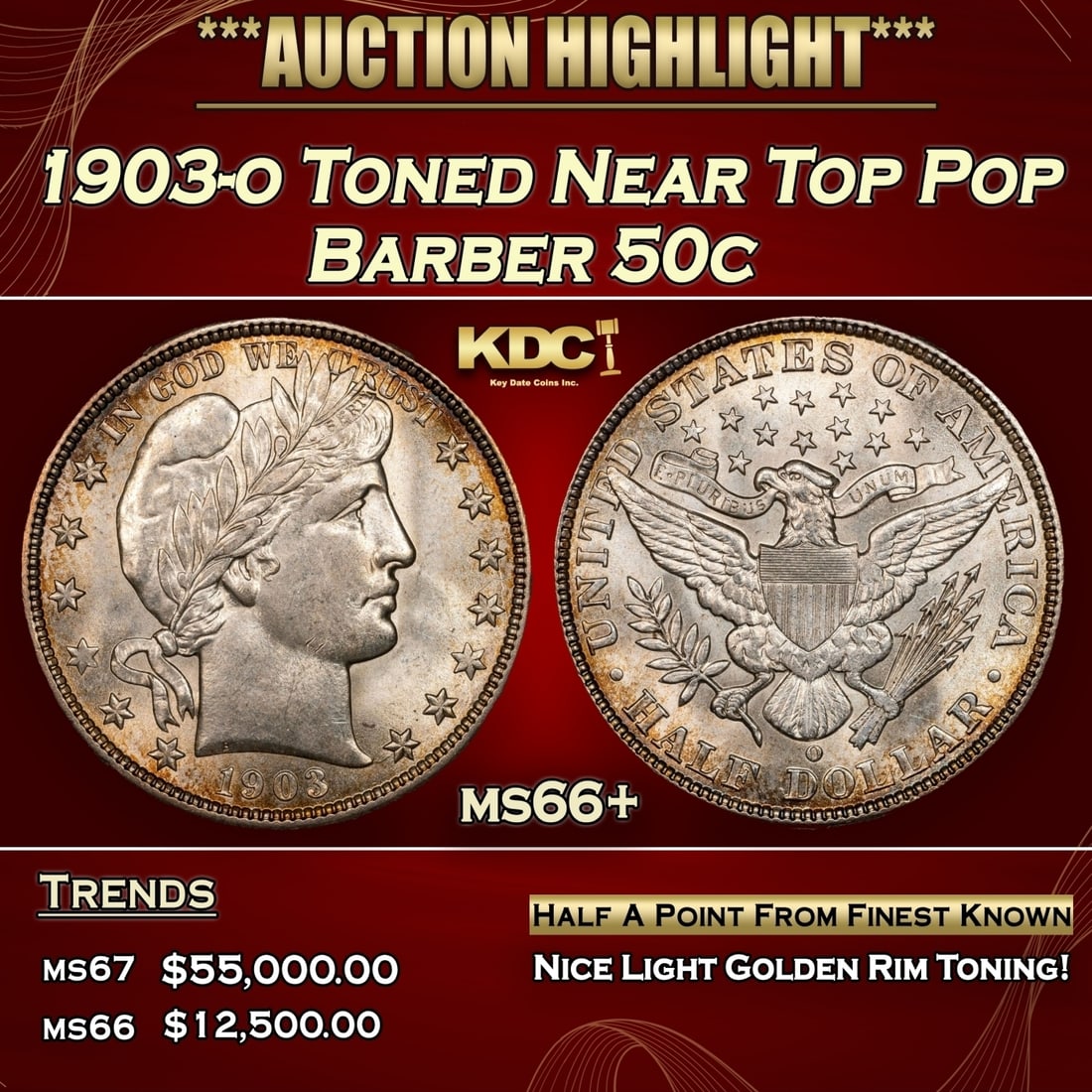 1903-o Barber Half Dollars Toned Near Top Pop 50c ms66+ SEGS (1 of 3)