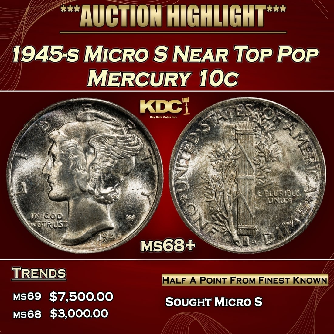 1945-s Micro S Mercury Dime Near Top Pop 10c ms68+ SEGS (1 of 3)