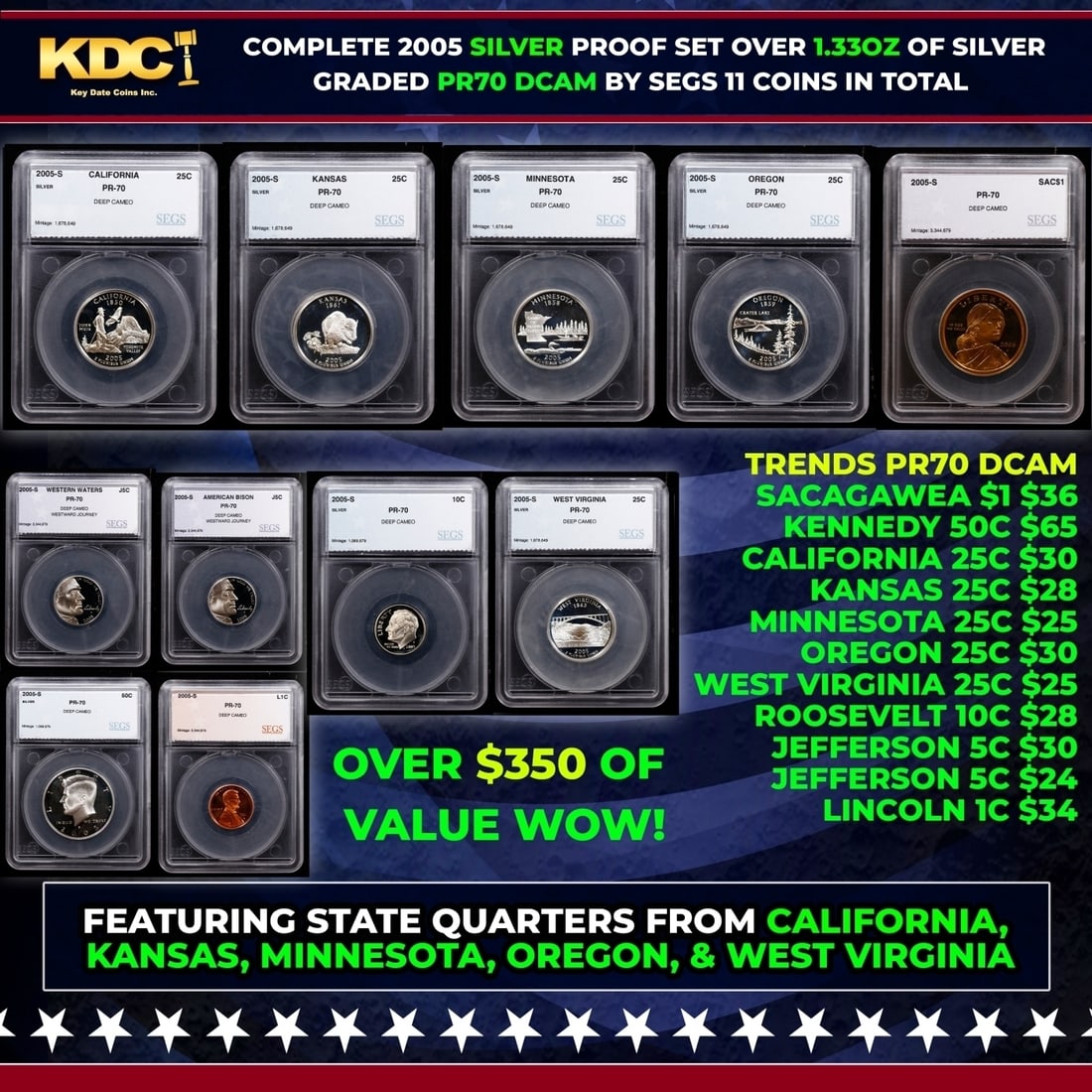 2005 US Silver Proof Set Graded pr70 DCAM By SEGS about 1.5 oz of pure silver 11 Coins (1 of 12)