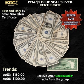 1x 1934 $5 Blue Seal Silver Certificate Grades CU