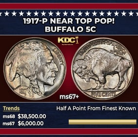 1917-p Buffalo Nickel Near Top Pop! 5c ms67+ SEGS